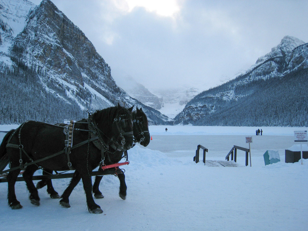 Frozen Lake Louise, across the valley from the resort, December 2007