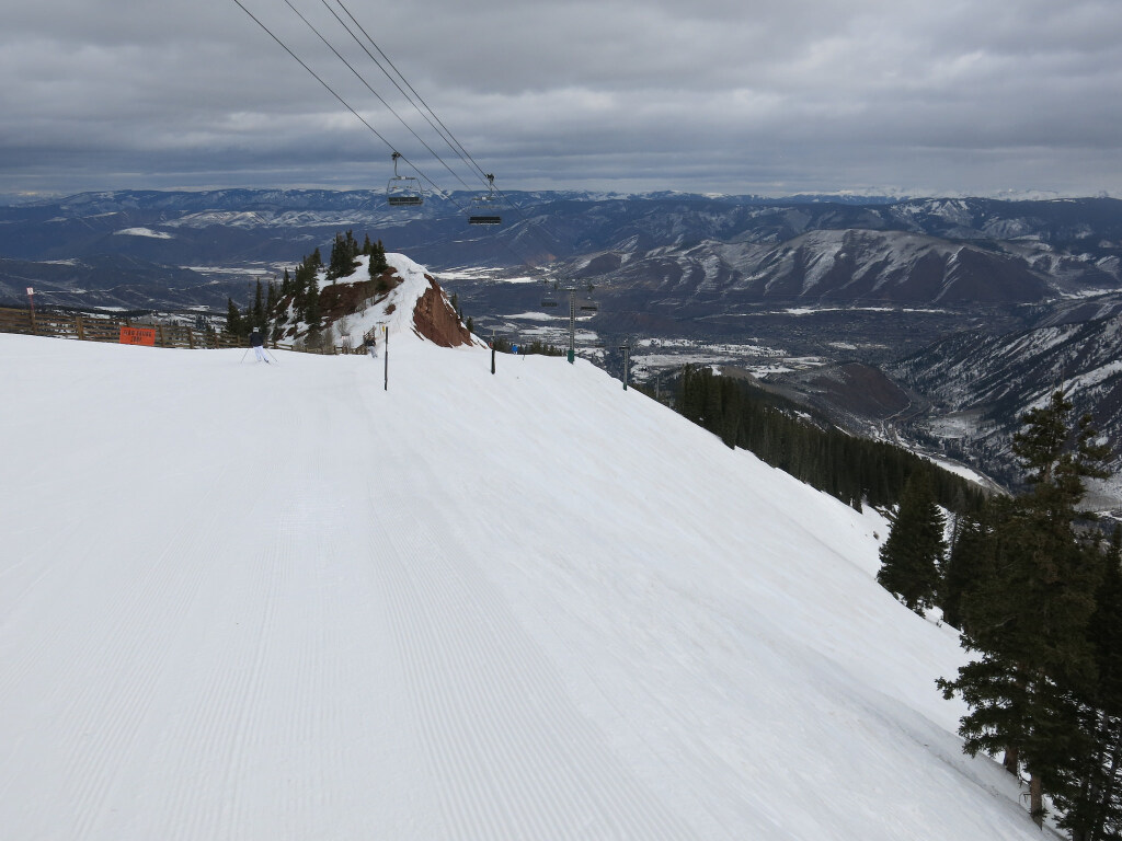 Narrow groomer at the top of Loge at Aspen Highlands, March 2016