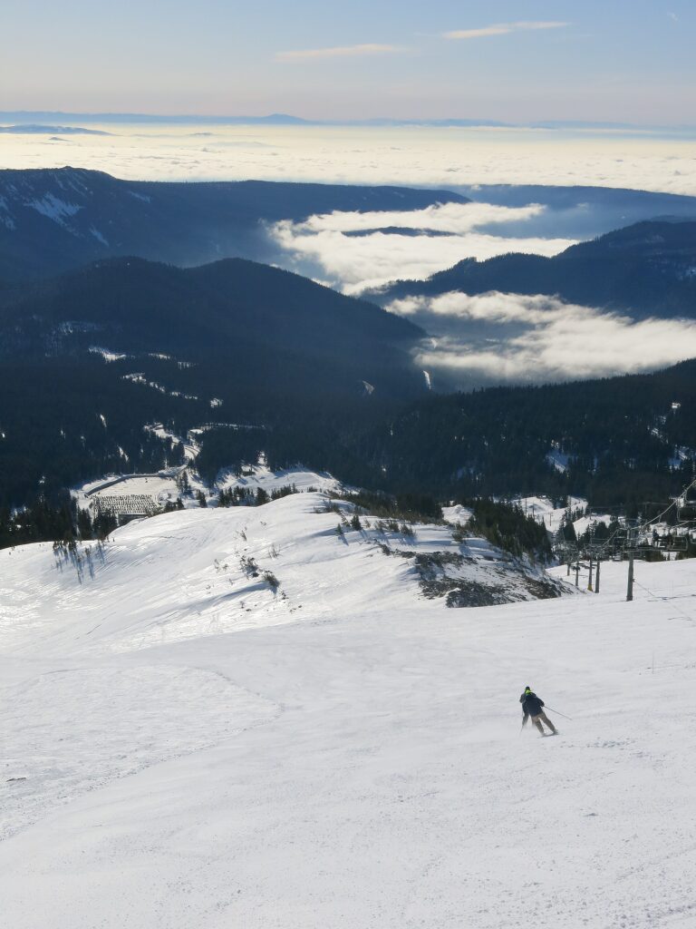 Upper mountain view down to parking lot at Mt. Hood Meadows, February 2017