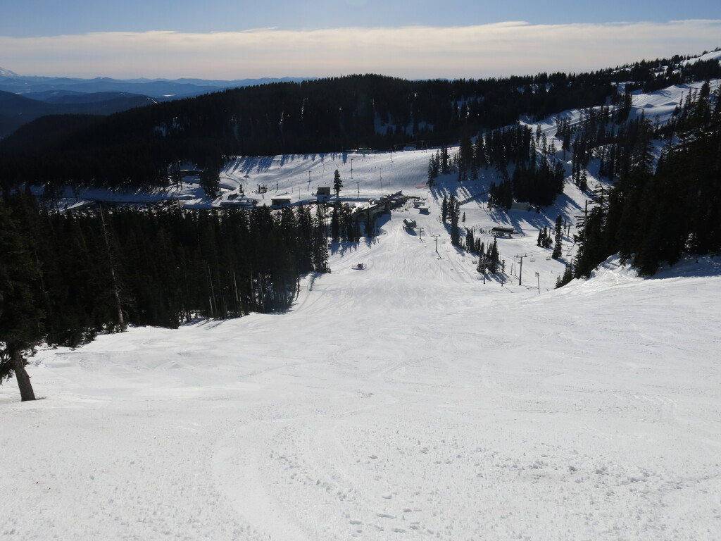 Stadium chair and view of base area at Mt. Hood Meadows, February 2017