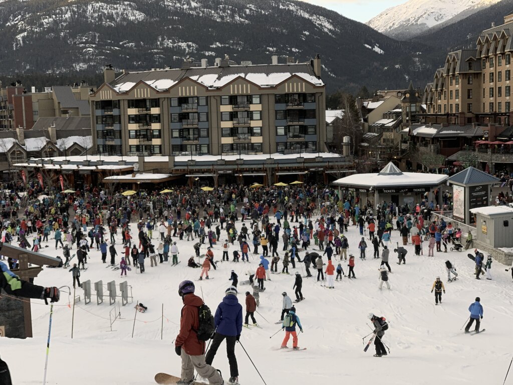 Skiing back down to the village at the end of the day