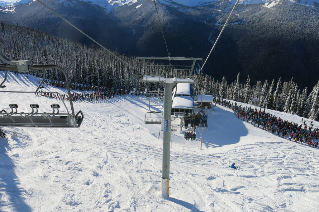 30-minute lift line at 7th Heaven on a powder day, December 2018