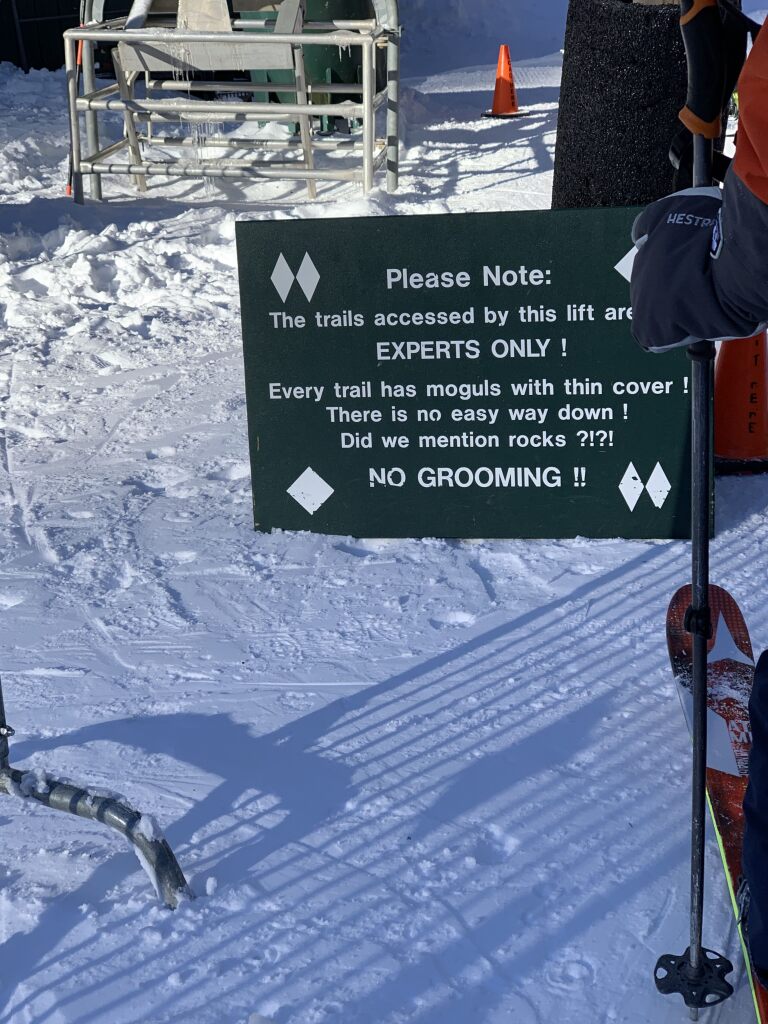Scary signage at the Sugarbush Castlerock chair, January 2019