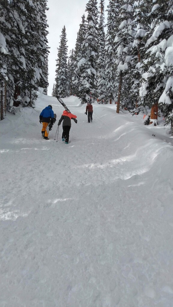 Hike out after skiing Teocalli Bowl at Crested Butte, March 2019