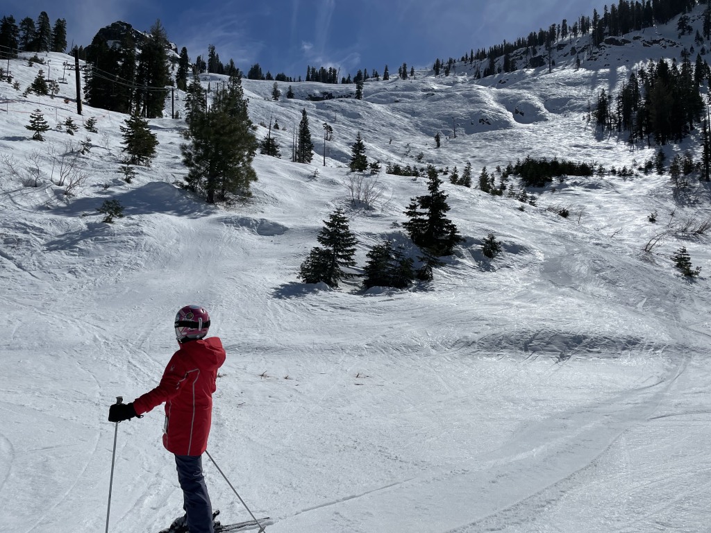 Firm conditions on Grizzly Bowl at Bear Valley, March 2021