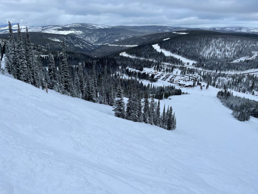 Chair 1 terrain and a view of the base area at Lost Trail Powder Mountain - January 2022