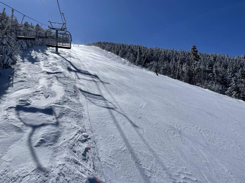 Cannonball Quad along the very windy Profile run at Cannon Mountain, March 2023