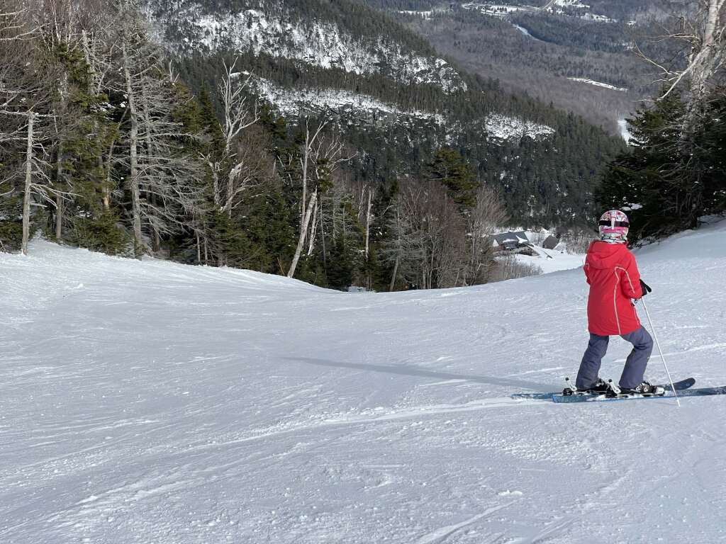 Looking down the Upper Wilderness run at the Legacy mid-mountain lodge at Whiteface - March 2023