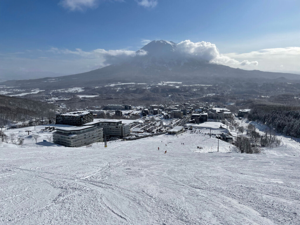 The base of the 10 passenger gondola at Hirafu Niseko resort with a view of Mt. Yotei, February 2025