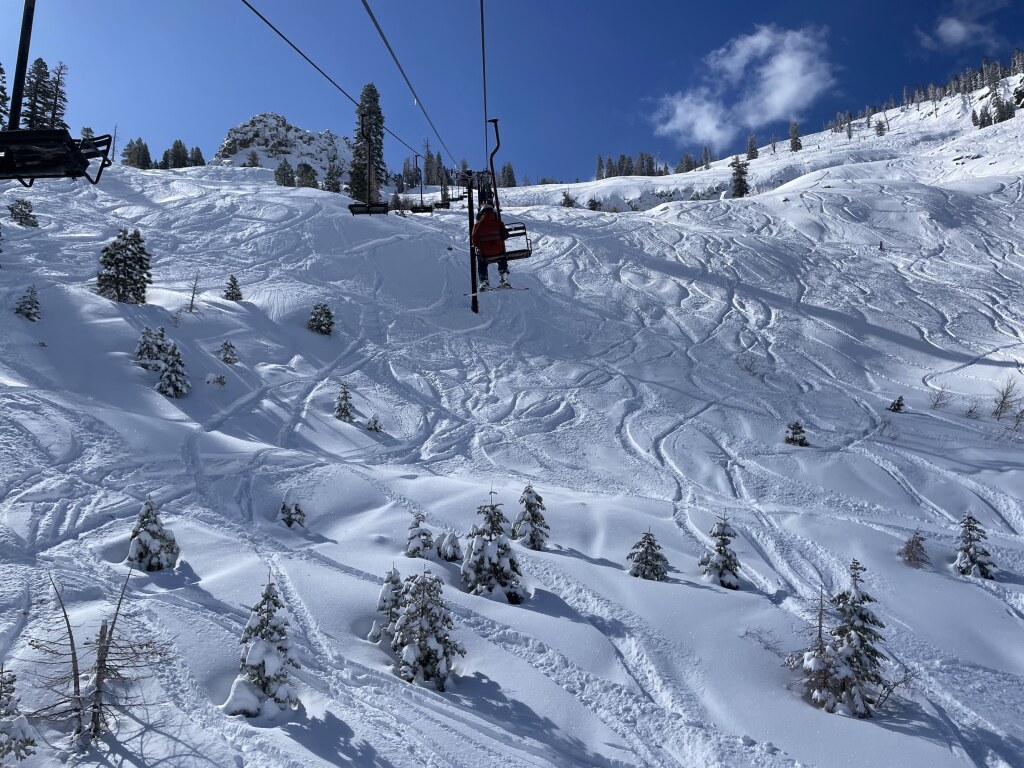 Hang on and enjoy the view from the Grizzly Chair at Bear Valley, April 2025