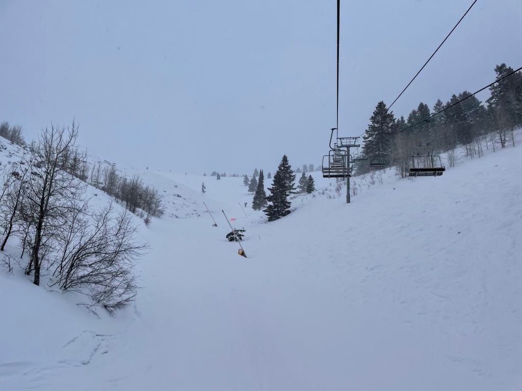 Riding the Sunnyside chair at Snow King, March 2025
