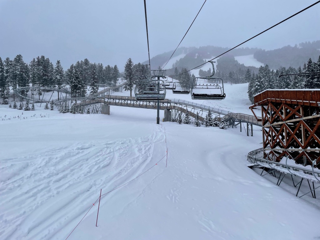 Rafferty lift with a view of the alpine coaster at Snow King, March 2025