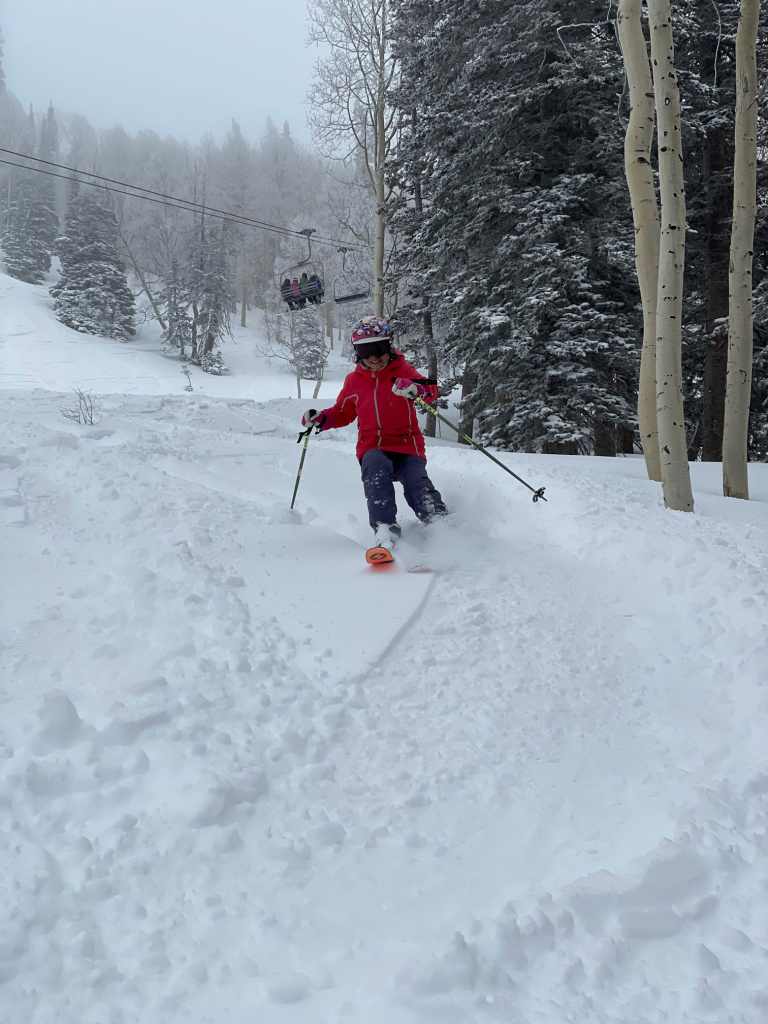 Enjoying powder on the Rockin' R trail at Brighton, March 2026