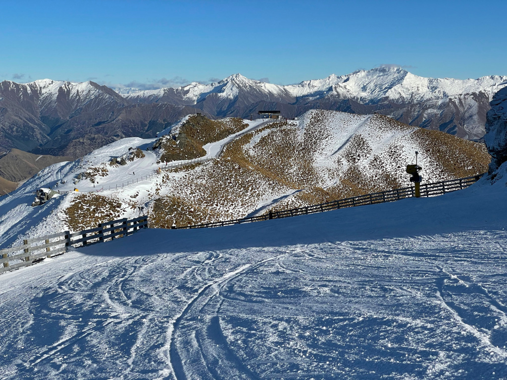 Express Way at Coronet Peak New Zealand with views over to the top of the Greengates lift, August 2025