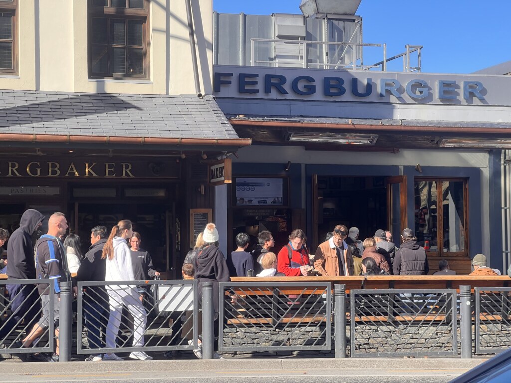 Fergburger in Queenstown New Zealand pretty much always has a line out the door, August, 2025