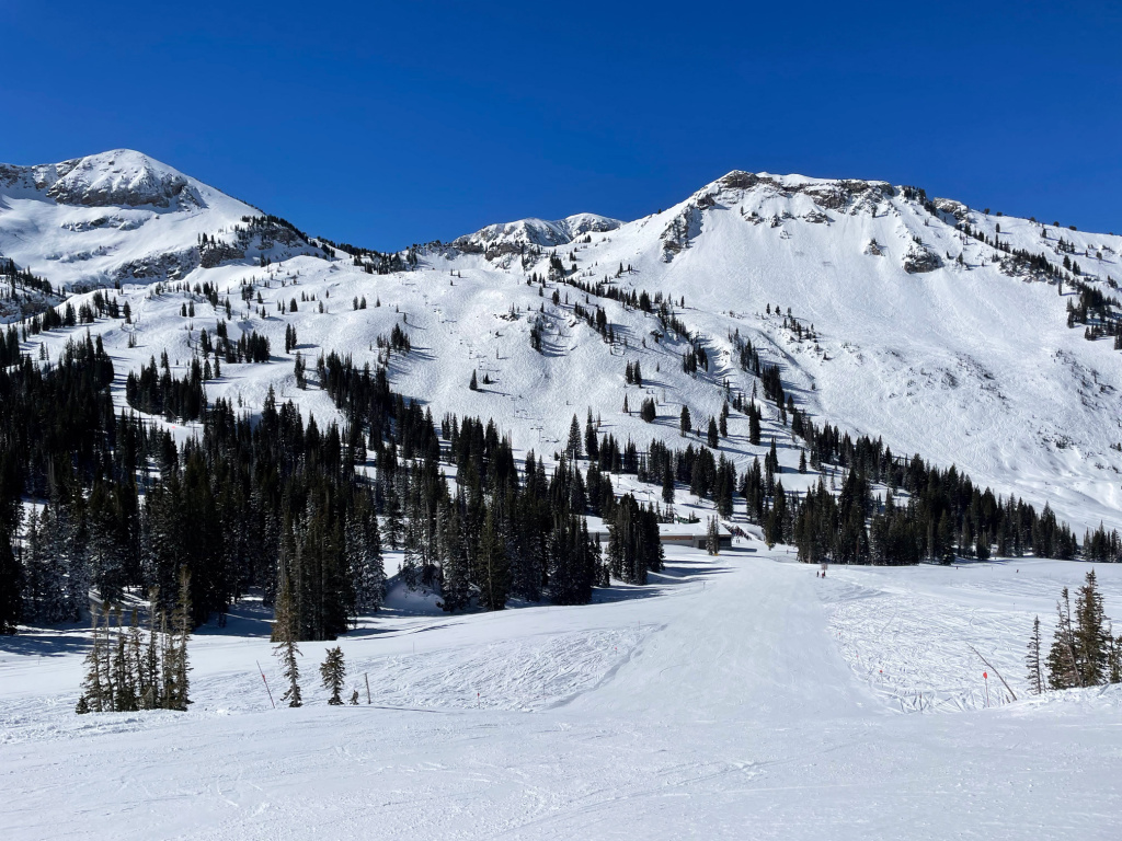 The Sugarloaf and Greeley areas at Alta viewed from the top of Sunnyside at Alta, March 2026