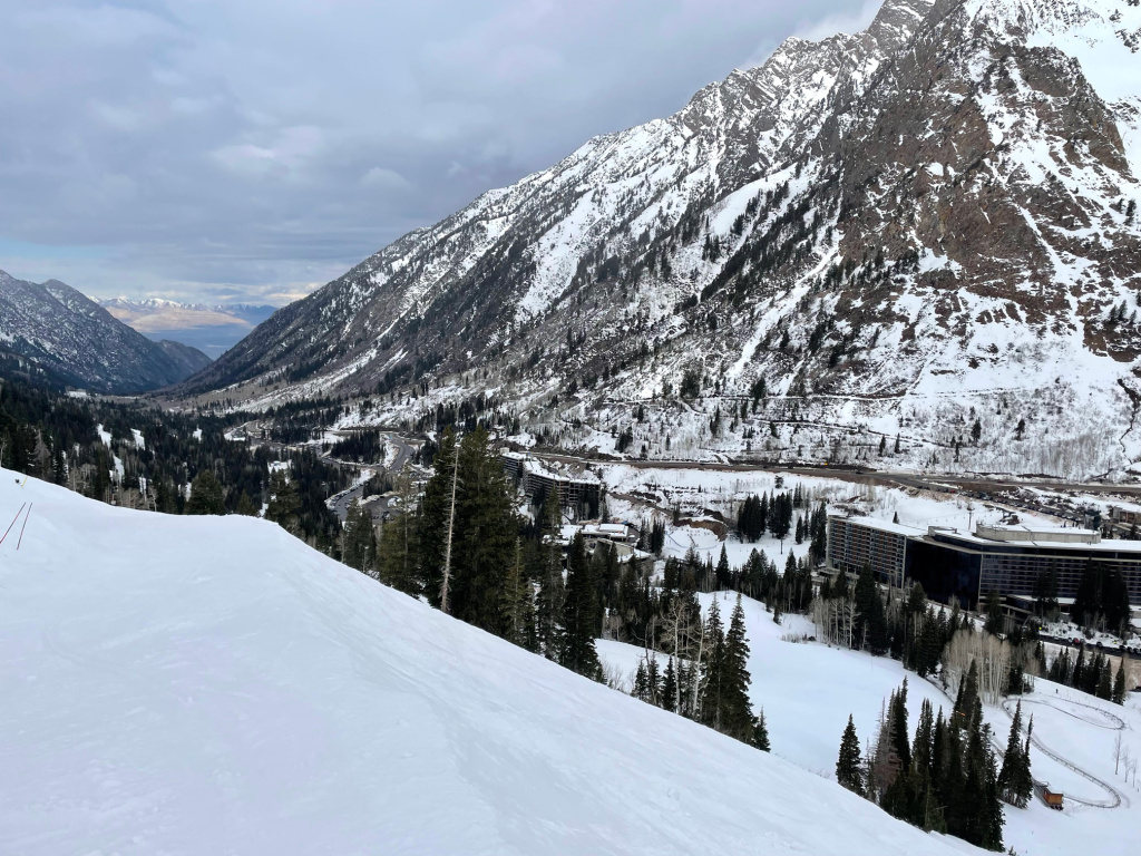 Snowbird lower mountain looking back at the Tram base area, March 2026