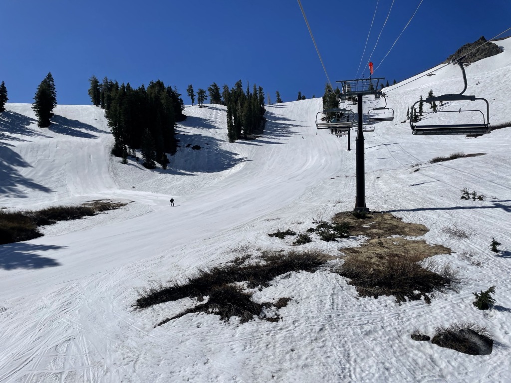 Spring skiing on May 17th on the Shirley Lake chair at Palisades Tahoe, 2026