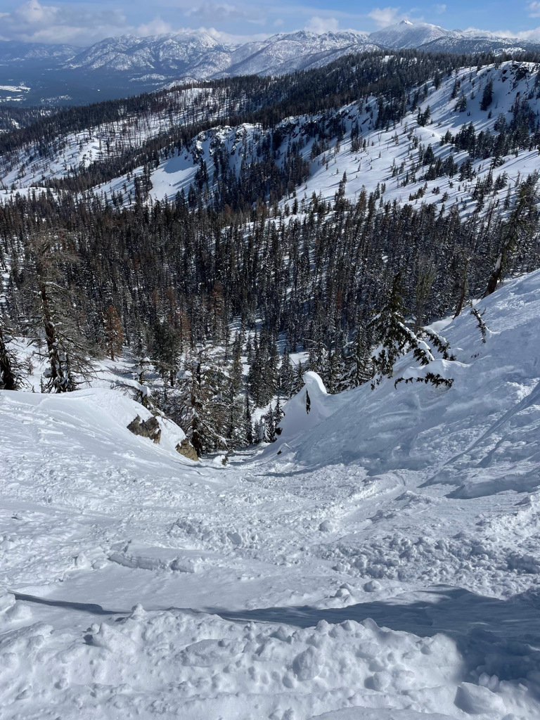 Chute out gate 3 in Huckleberry Canyon at Sierra at Tahoe, March 2023