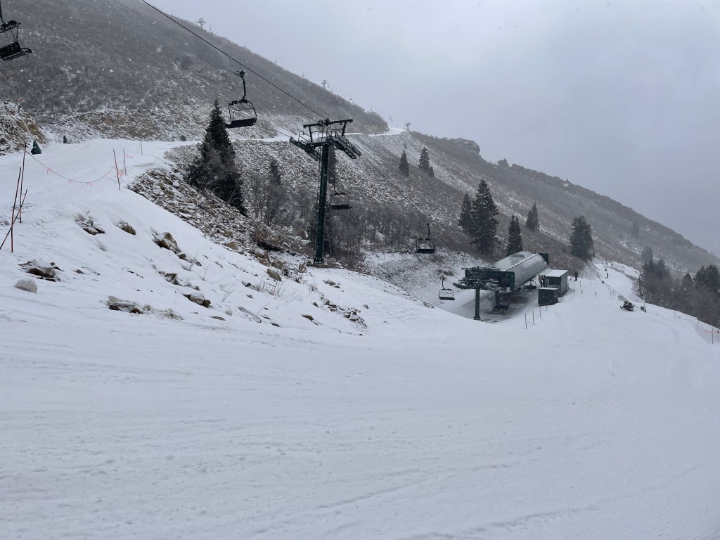 The base of Revelator is deep in a canyon at Deer Valley's East Village, March 2026
