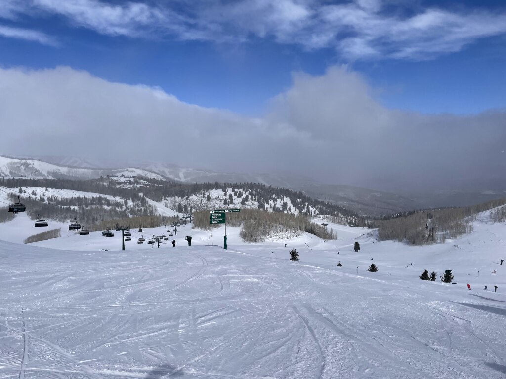 The Pinyon Express pod ties the East Village terrain to the older terrain from the top of the East Village gondola at Deer Valley, March 2026